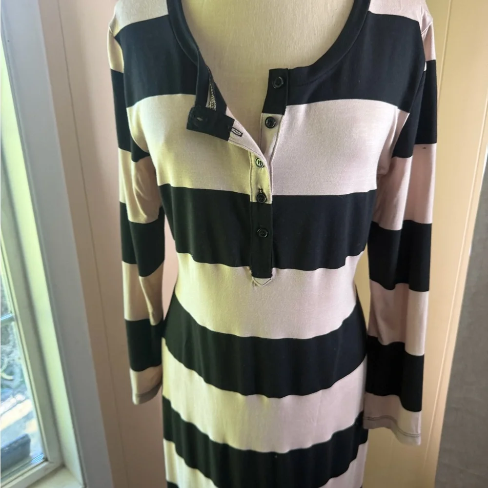 Striped Long Sleeve Midi Tshirt Dress in Black and Cream - Picture 2 of 8
